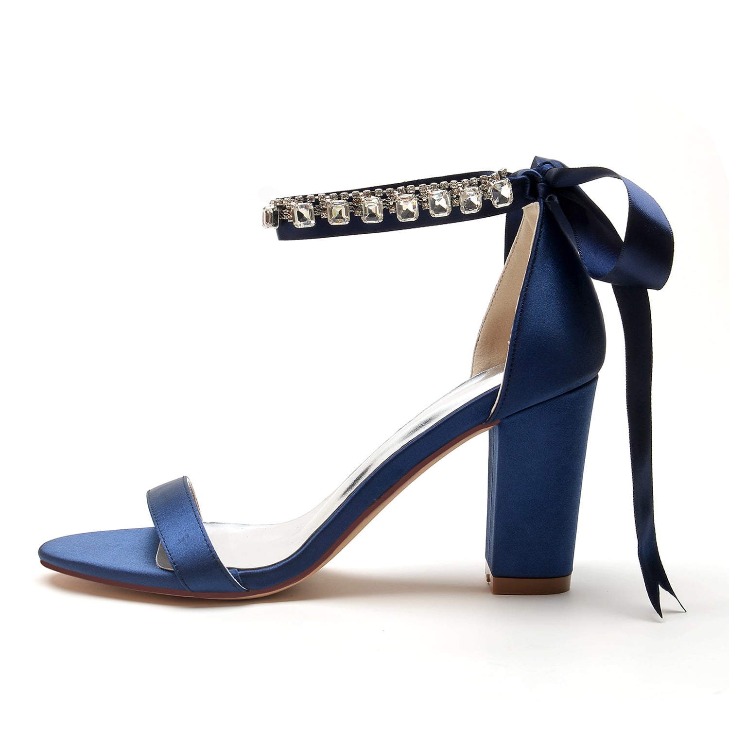 S&DCo. navy lace up chunky heel prom sandals with rhinestone accents and ankle ties