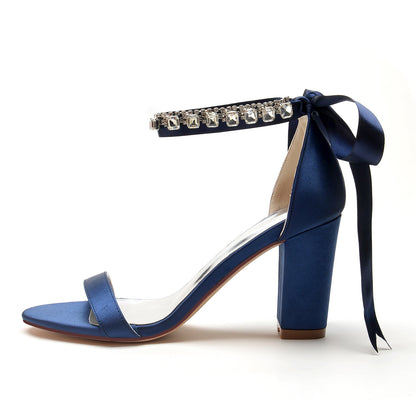 S&DCo. navy lace up chunky heel prom sandals with rhinestone accents and ankle ties