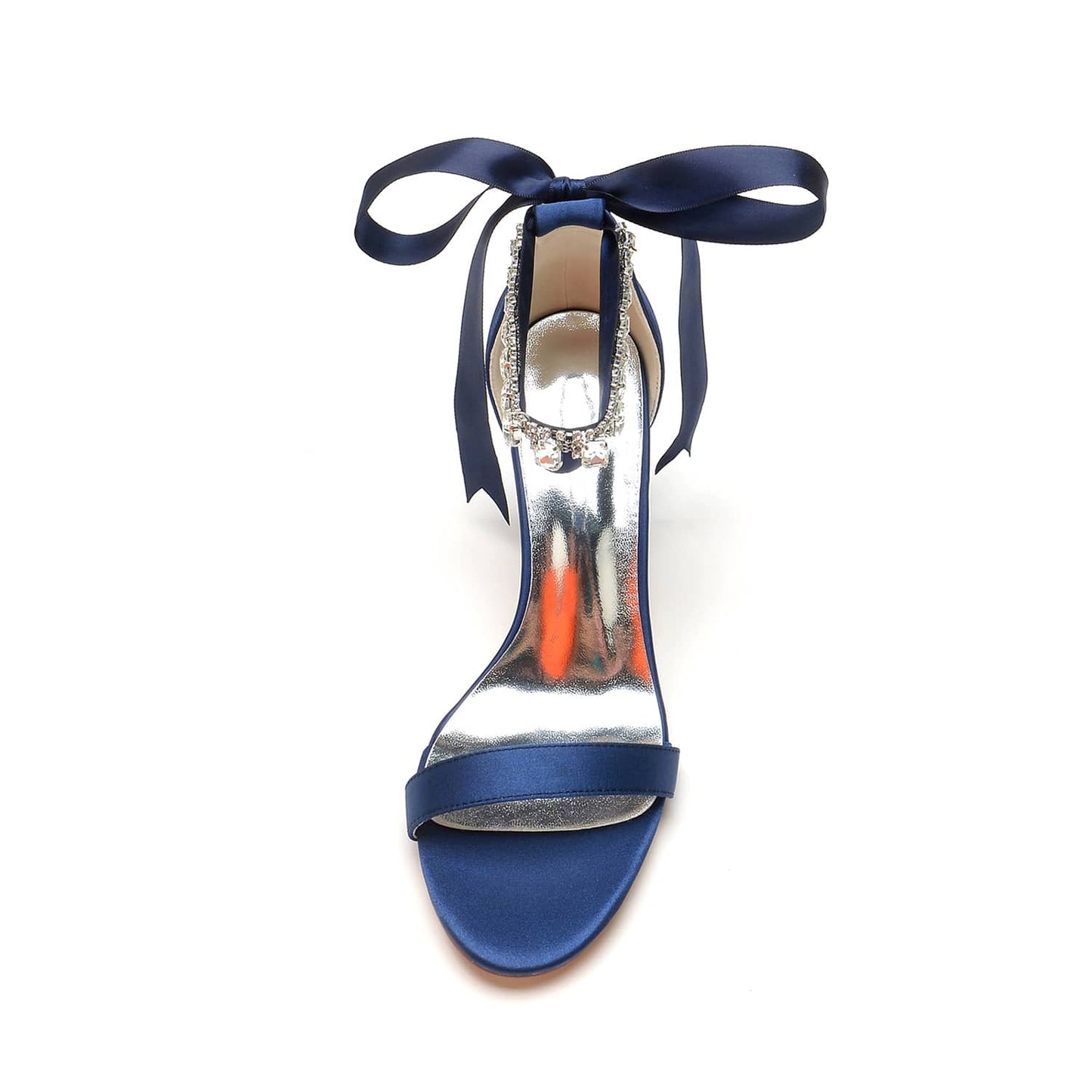 Navy lace up chunky heel prom sandals with elegant satin ribbons for stylish evening wear