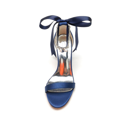 Navy lace up chunky heel prom sandals with elegant satin ribbons for stylish evening wear