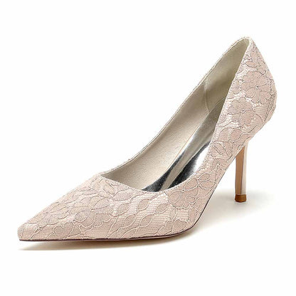 Elegant lace wedding heels for bride featuring delicate floral lace design and pointed toe