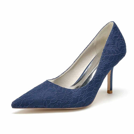 Elegant navy lace wedding heels for bride with a stylish pointed toe design and high stiletto heel