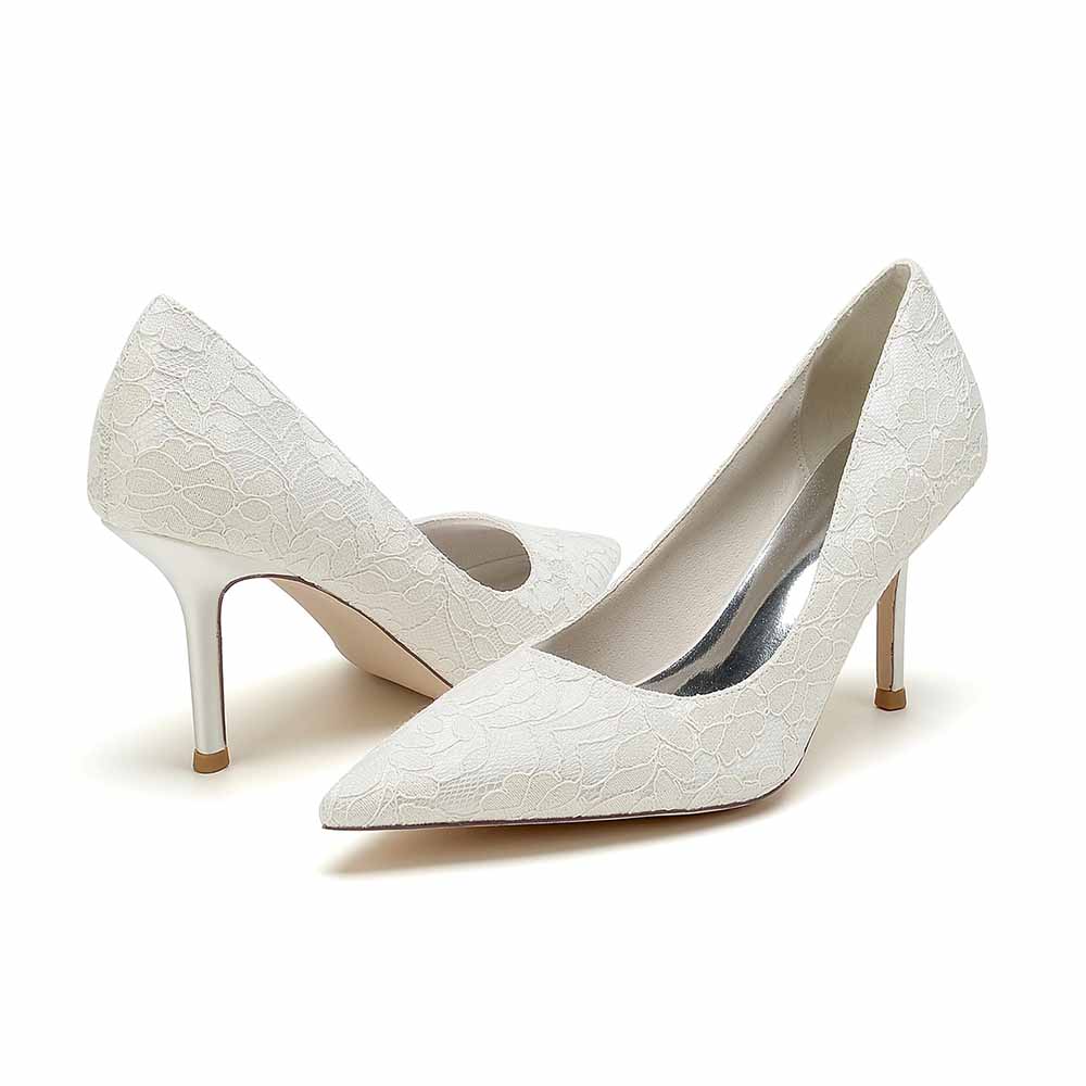 Elegant lace wedding heels for bride in white with pointed toe and delicate lace detailing