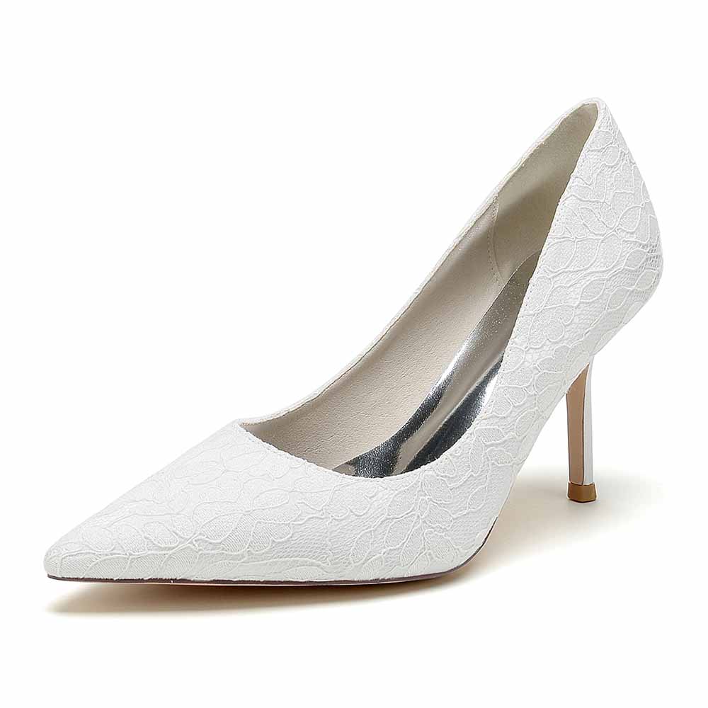 Elegant lace wedding heels for bride with a pointed toe and a stiletto heel in white