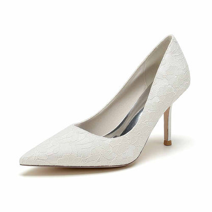 Elegant lace wedding heels for bride in white with pointed toe design and delicate lace detailing