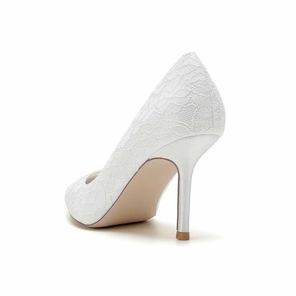 Elegant lace wedding heels for bride with a delicate lace overlay and a sleek stiletto heel