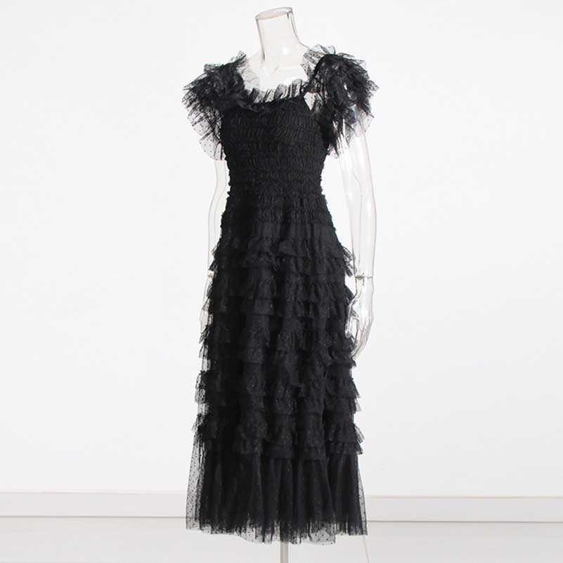 knee length dresses for ladies Off-Shoulder Mesh Ruffle Dress