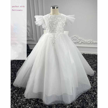 Flower Girls Dress For Wedding Tulle Ball Gown with Flutter Sleeves and a Lace Back