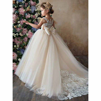 Flower Girls Dress For Wedding Tulle Ball Gown with Flutter Sleeves and a Lace Back