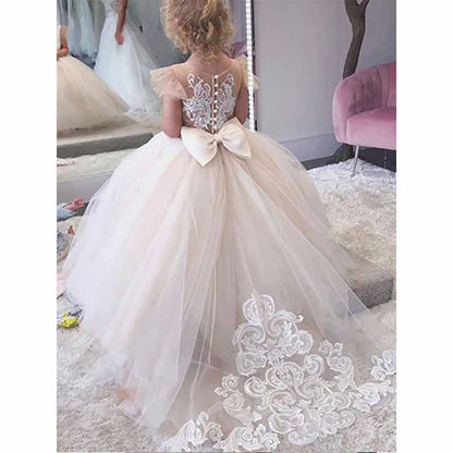 Flower Girls Dress For Wedding Tulle Ball Gown with Flutter Sleeves and a Lace Back