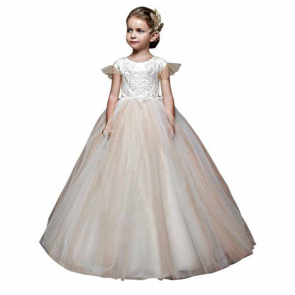 Flower Girls Dress For Wedding Tulle Ball Gown with Flutter Sleeves and a Lace Back