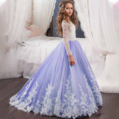 Kids Long Sleeves Sweep Train Princess Pageant Gowns Flower Girls Dresses