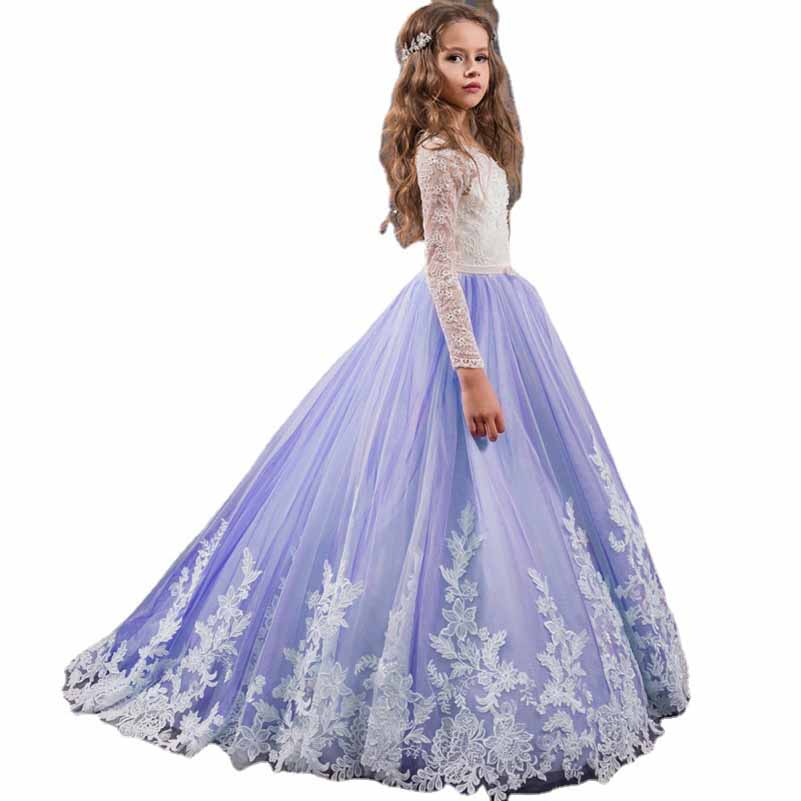 Kids Long Sleeves Sweep Train Princess Pageant Gowns Flower Girls Dresses