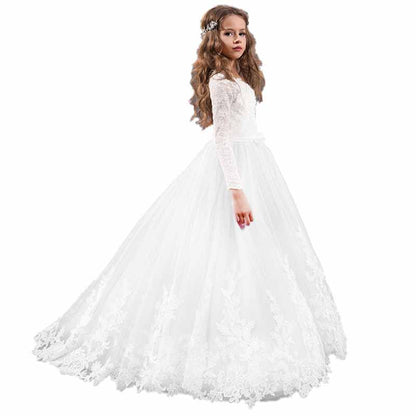 Kids Long Sleeves Sweep Train Princess Pageant Gowns Flower Girls Dresses