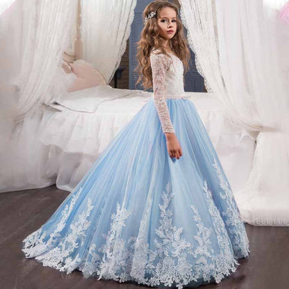 Kids Long Sleeves Sweep Train Princess Pageant Gowns Flower Girls Dresses