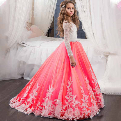 Kids Long Sleeves Sweep Train Princess Pageant Gowns Flower Girls Dresses