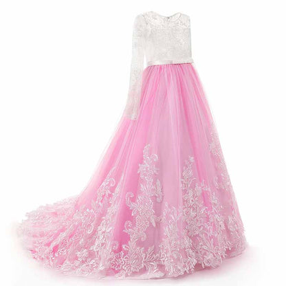 Kids Long Sleeves Sweep Train Princess Pageant Gowns Flower Girls Dresses