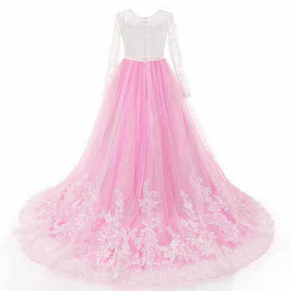 Kids Long Sleeves Sweep Train Princess Pageant Gowns Flower Girls Dresses