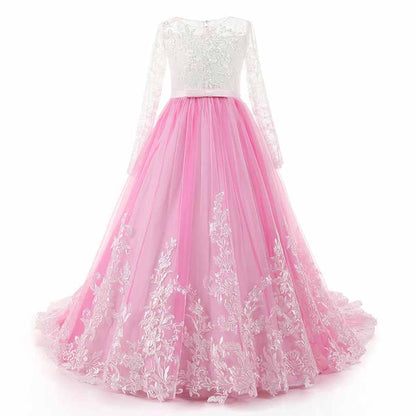 Kids Long Sleeves Sweep Train Princess Pageant Gowns Flower Girls Dresses