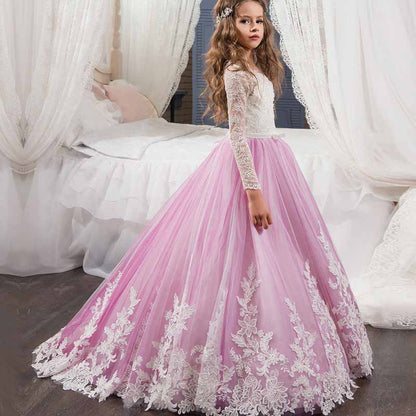 Kids Long Sleeves Sweep Train Princess Pageant Gowns Flower Girls Dresses