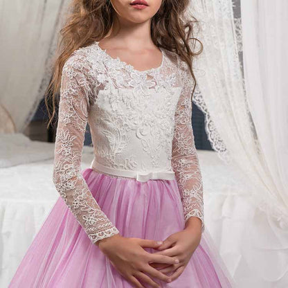 Kids Long Sleeves Sweep Train Princess Pageant Gowns Flower Girls Dresses