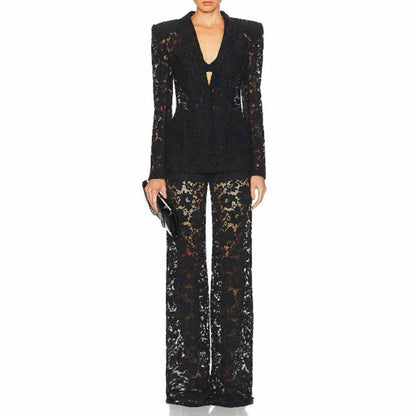 Women One Button Pantsuit Lace Wedding Sut Slim Fit Formal Set