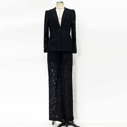 Women One Button Pantsuit Lace Wedding Sut Slim Fit Formal Set