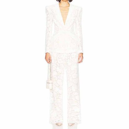 Women One Button Pantsuit Lace Wedding Sut Slim Fit Formal Set