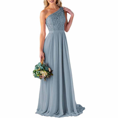 One Shoulder Bridesmaid Dresses Long for Wedding with Pockets Lace Bodice A-Line Chiffon Formal Party Gown
