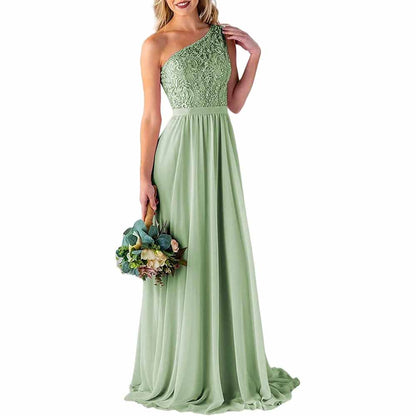 One Shoulder Bridesmaid Dresses Long for Wedding with Pockets Lace Bodice A-Line Chiffon Formal Party Gown