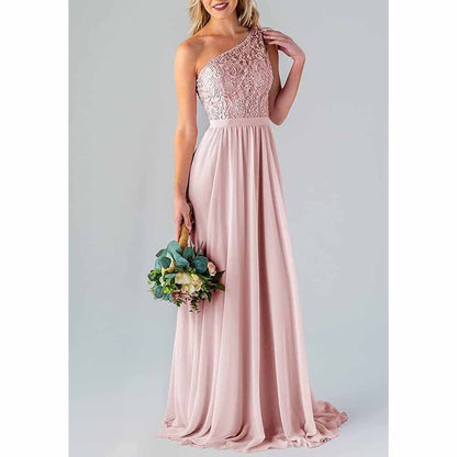 One Shoulder Bridesmaid Dresses Long for Wedding with Pockets Lace Bodice A-Line Chiffon Formal Party Gown