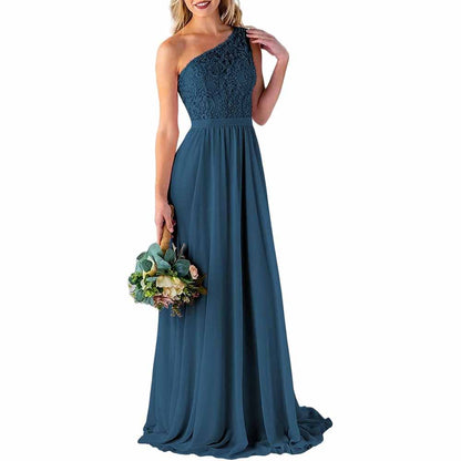 One Shoulder Bridesmaid Dresses Long for Wedding with Pockets Lace Bodice A-Line Chiffon Formal Party Gown