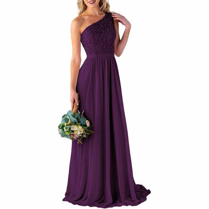 One Shoulder Bridesmaid Dresses Long for Wedding with Pockets Lace Bodice A-Line Chiffon Formal Party Gown