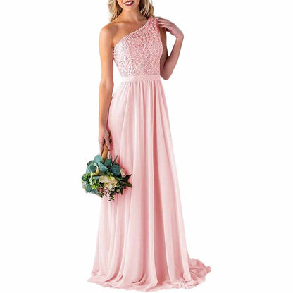 One Shoulder Bridesmaid Dresses Long for Wedding with Pockets Lace Bodice A-Line Chiffon Formal Party Gown