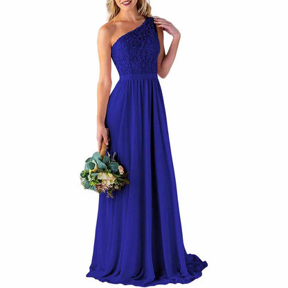 One Shoulder Bridesmaid Dresses Long for Wedding with Pockets Lace Bodice A-Line Chiffon Formal Party Gown