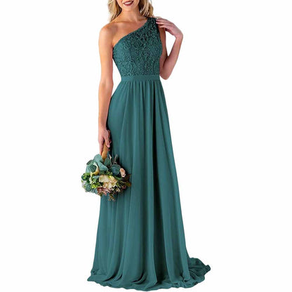 One Shoulder Bridesmaid Dresses Long for Wedding with Pockets Lace Bodice A-Line Chiffon Formal Party Gown
