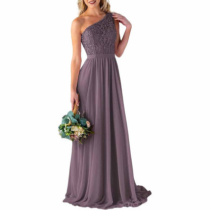 One Shoulder Bridesmaid Dresses Long for Wedding with Pockets Lace Bodice A-Line Chiffon Formal Party Gown