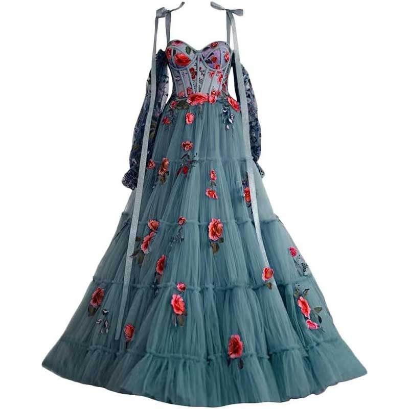 Long Sleeves Prom Dresses Applique Flower Tulle Evening Party Ball Gowns