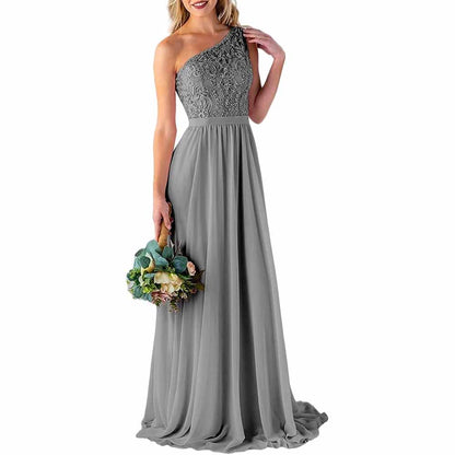 One Shoulder Bridesmaid Dresses Long for Wedding with Pockets Lace Bodice A-Line Chiffon Formal Party Gown