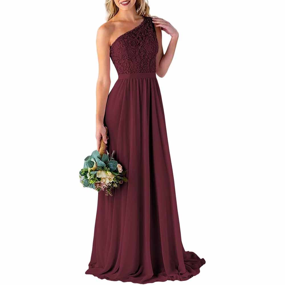 One Shoulder Bridesmaid Dresses Long for Wedding with Pockets Lace Bodice A-Line Chiffon Formal Party Gown