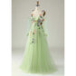 Long Sleeves Prom Dresses Applique Flower Tulle Evening Party Ball Gowns