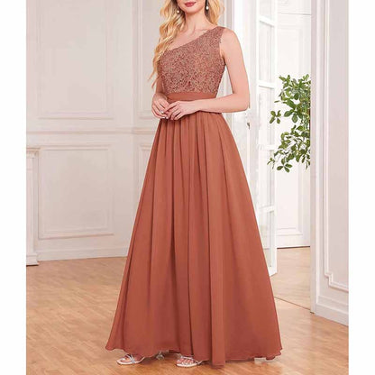One Shoulder Bridesmaid Dresses Long for Wedding with Pockets Lace Bodice A-Line Chiffon Formal Party Gown