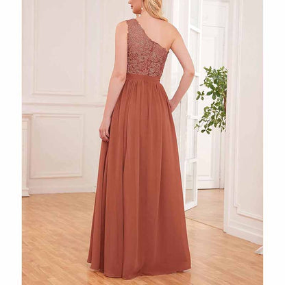 One Shoulder Bridesmaid Dresses Long for Wedding with Pockets Lace Bodice A-Line Chiffon Formal Party Gown