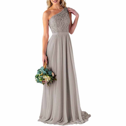 One Shoulder Bridesmaid Dresses Long for Wedding with Pockets Lace Bodice A-Line Chiffon Formal Party Gown