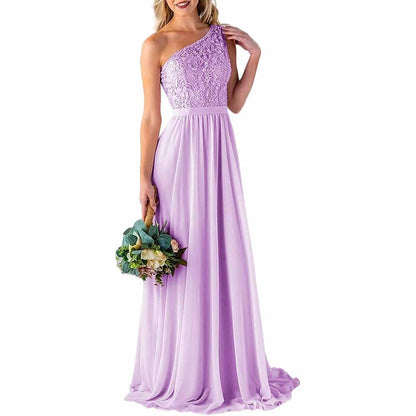 One Shoulder Bridesmaid Dresses Long for Wedding with Pockets Lace Bodice A-Line Chiffon Formal Party Gown