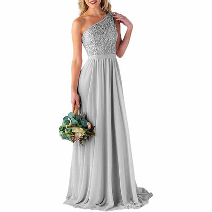 One Shoulder Bridesmaid Dresses Long for Wedding with Pockets Lace Bodice A-Line Chiffon Formal Party Gown