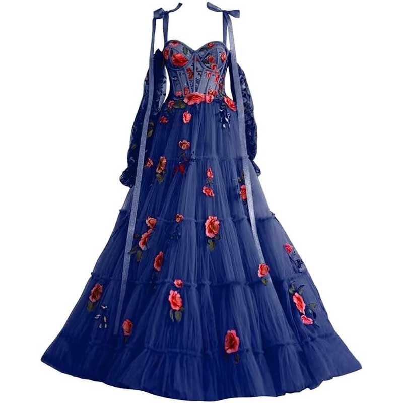 Long Sleeves Prom Dresses Applique Flower Tulle Evening Party Ball Gowns