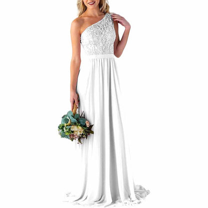One Shoulder Bridesmaid Dresses Long for Wedding with Pockets Lace Bodice A-Line Chiffon Formal Party Gown