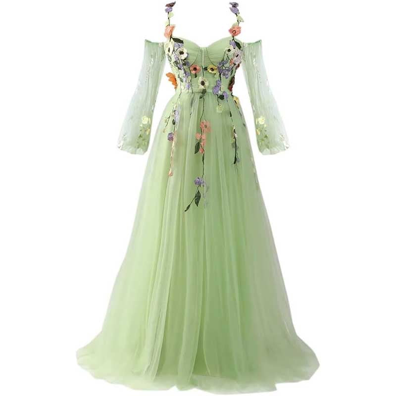 Long Sleeves Prom Dresses Applique Flower Tulle Evening Party Ball Gowns