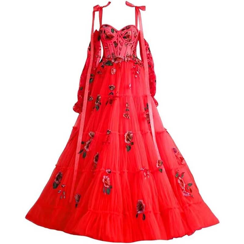 Long Sleeves Prom Dresses Applique Flower Tulle Evening Party Ball Gowns